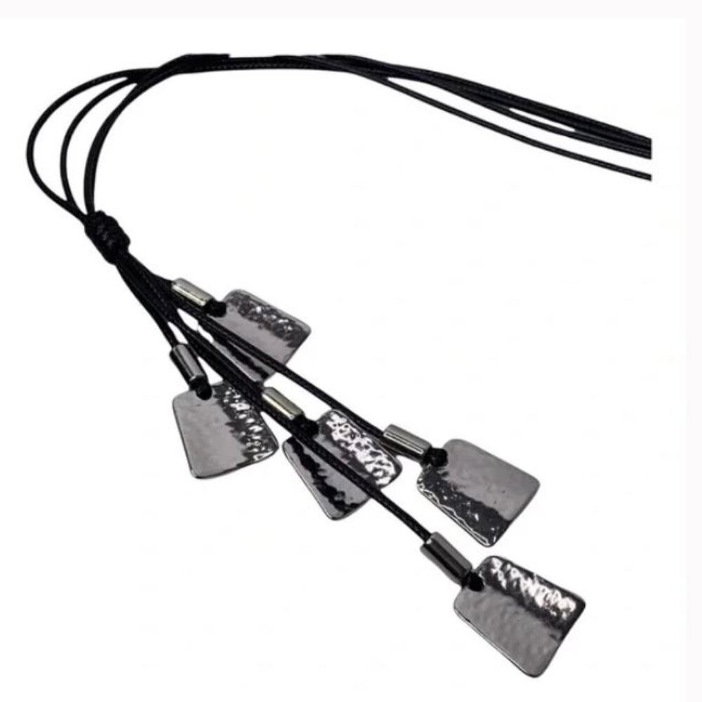 Chico’s Hammered Silver Long Necklace Black Cord - Picture 4 of 9